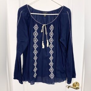 Lucky Brand Navy Blue Embroidered Peasant Blouse